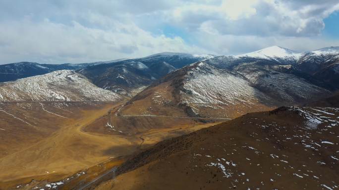 雪山牧场视频青藏高原冬季金色草地延绵雪山