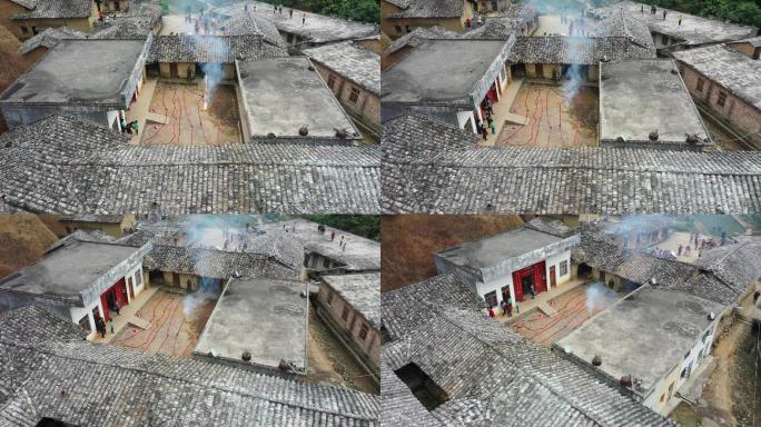 航拍过年回家放鞭炮齐聚祖厅