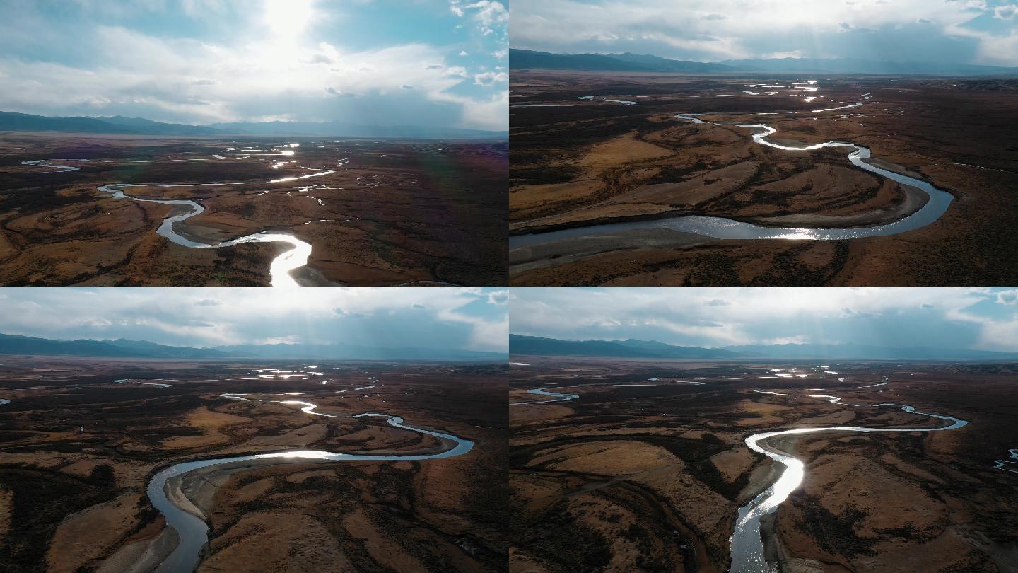 河流视频秋季荒原上蜿蜒曲折河流河道