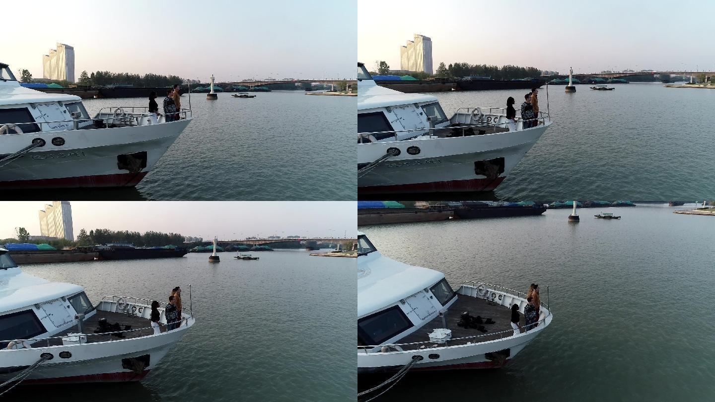 京杭之心古运河边游艇带模特空镜头