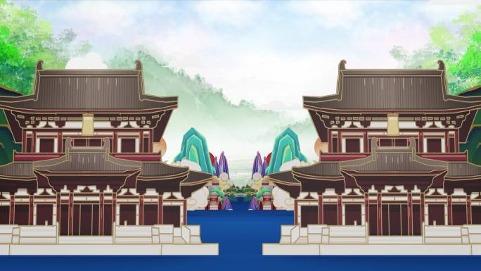 传统中国风国潮山水建筑穿梭意境舞台表演