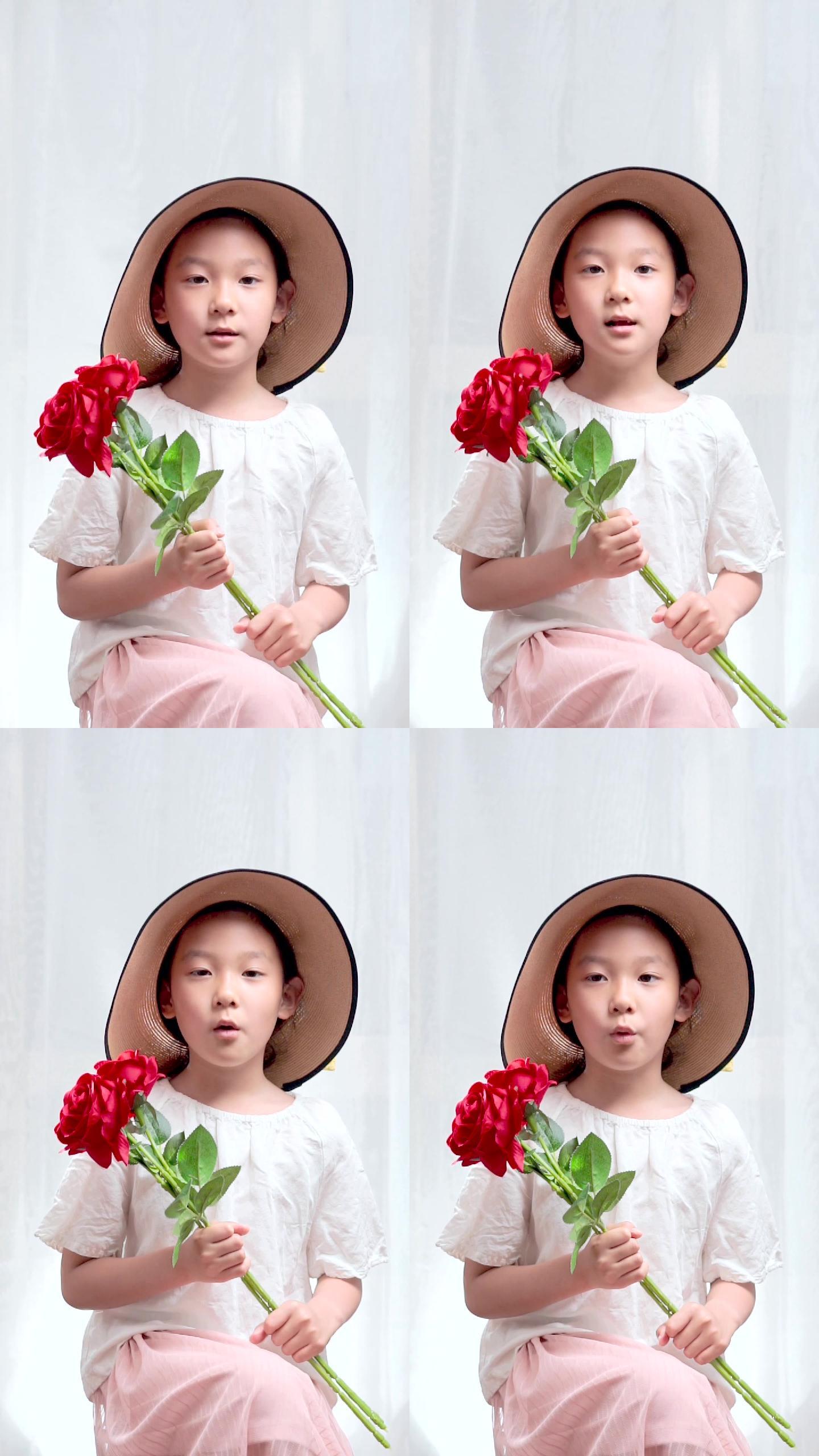 拿着玫瑰花说话唱歌的中国女孩