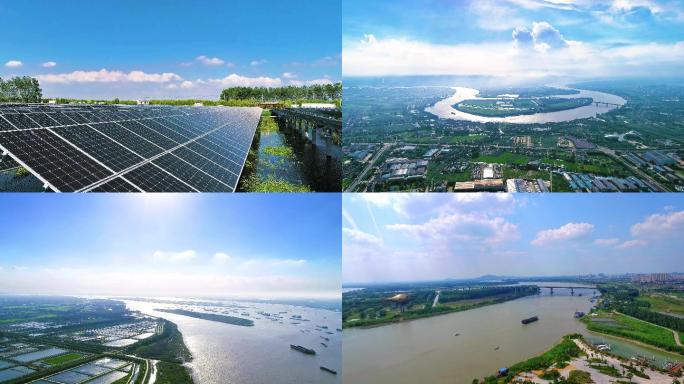 光伏新能源扬中长江河流航运4K航拍