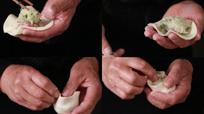 老人皱纹双手包饺子馄饨团圆饼特写原素材