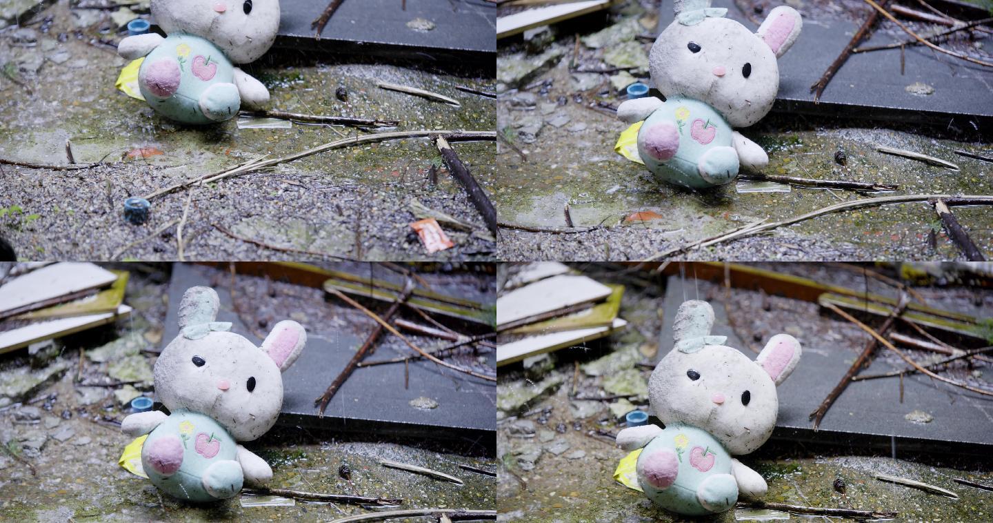 大雨 中的 兔子 毛绒玩具 下往上 4K