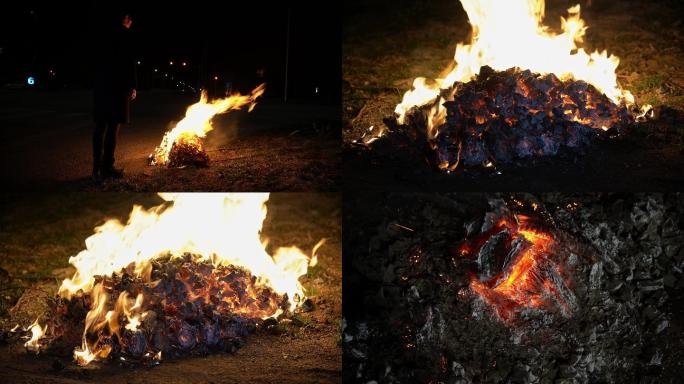 清明节夜晚烧纸冥币祭祀