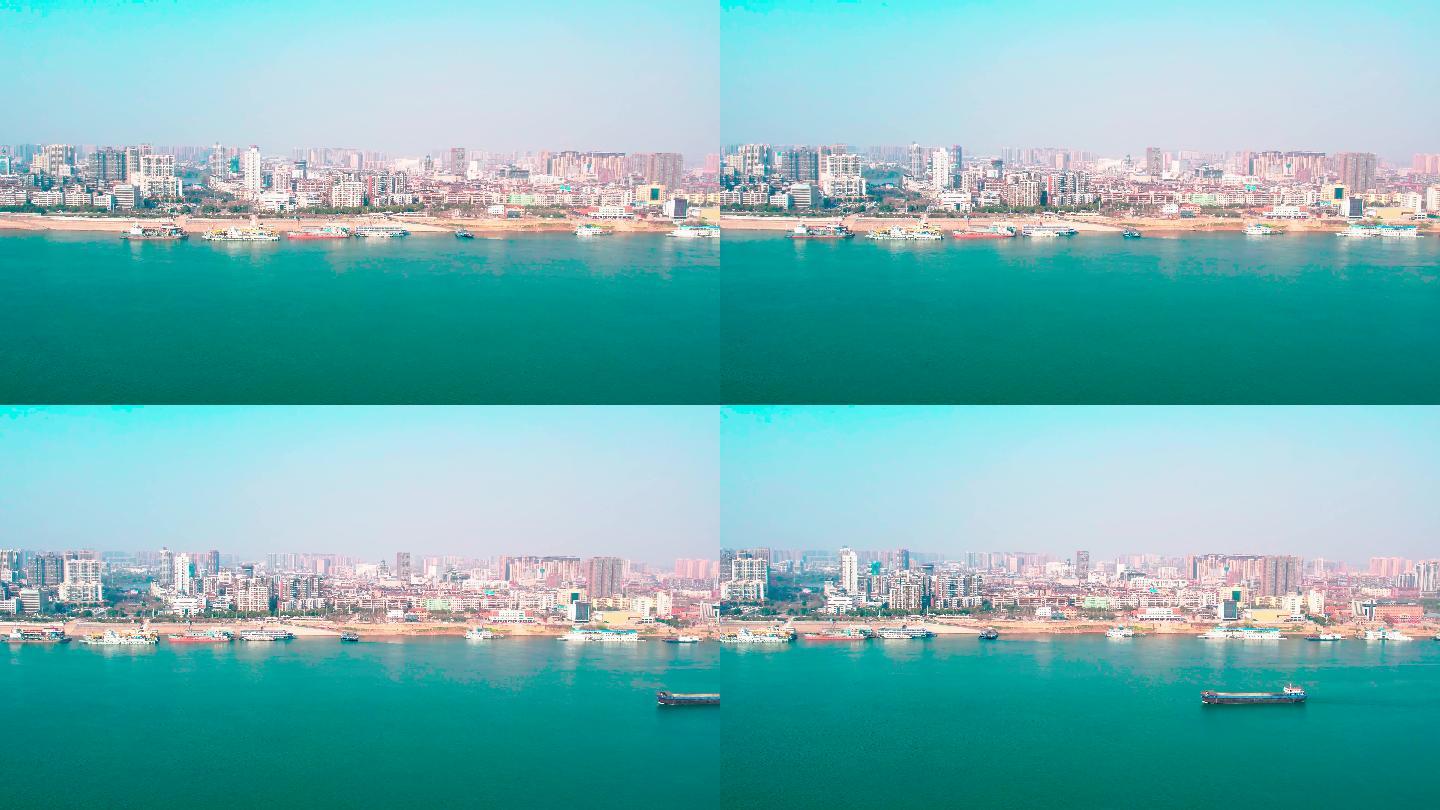 航拍湖北荆州长江，长江沙市城区，长江对岸