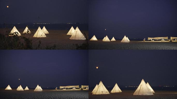4K原创夜晚海边 帐篷 月亮 电影级素材