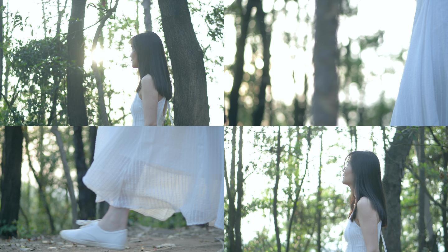 女孩在林中漫步4k清新唯美视频素材