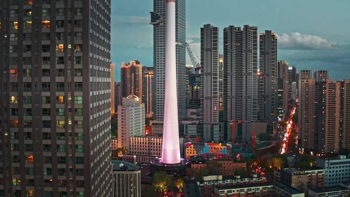 中国辽宁沈阳城市航拍彩电塔建筑天际线