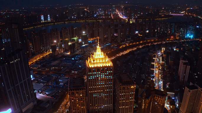 中国辽宁沈阳城市夜景航拍青年大街皇朝万鑫