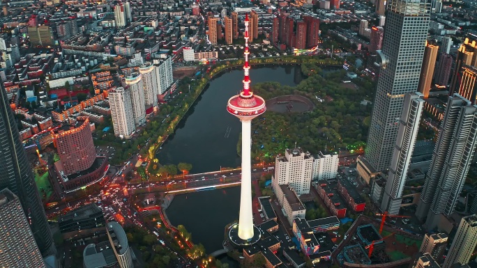 中国辽宁沈阳城市航拍彩电塔建筑天际线