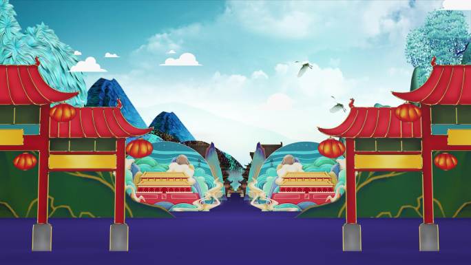国潮卡通传统中国风纹饰图案穿梭舞台大屏
