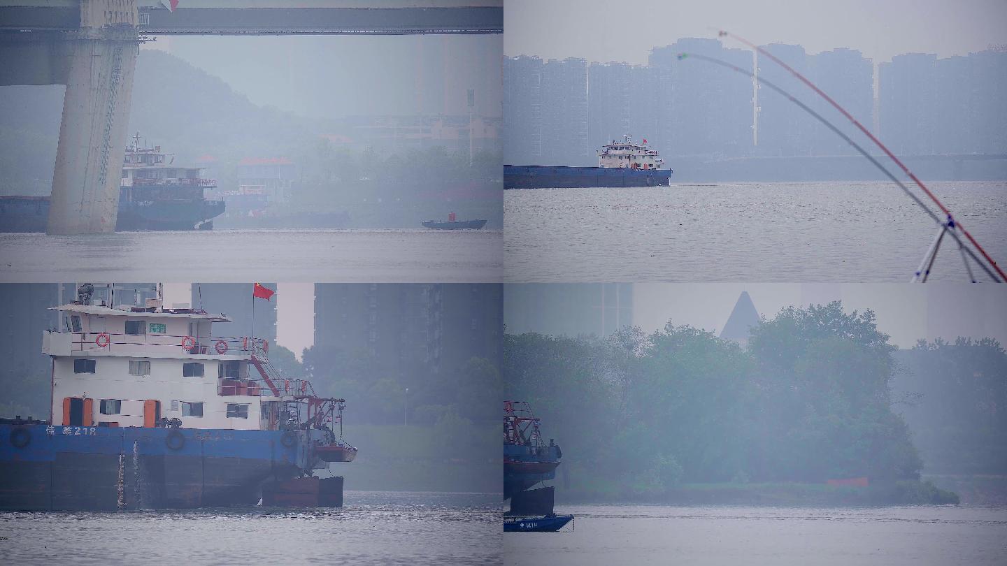 4K晨雾中湘江中航行的货轮唯美空镜