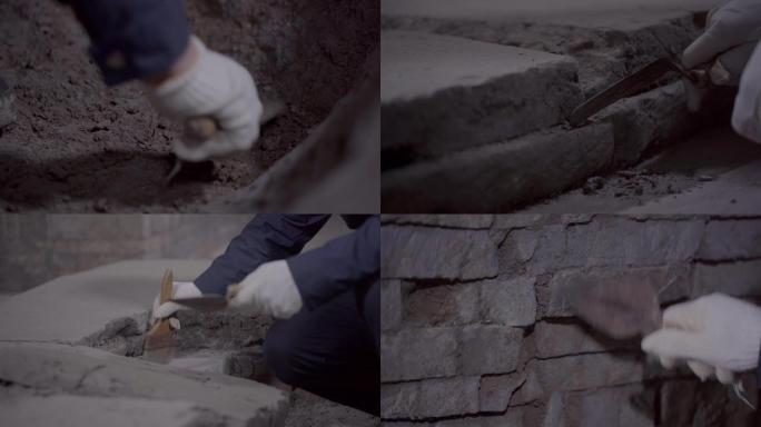 考古墓内挖掘铁铲挖土木刷清扫缝隙B010