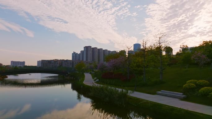 佛山狮山长华国际博爱湖建筑日出光影航拍