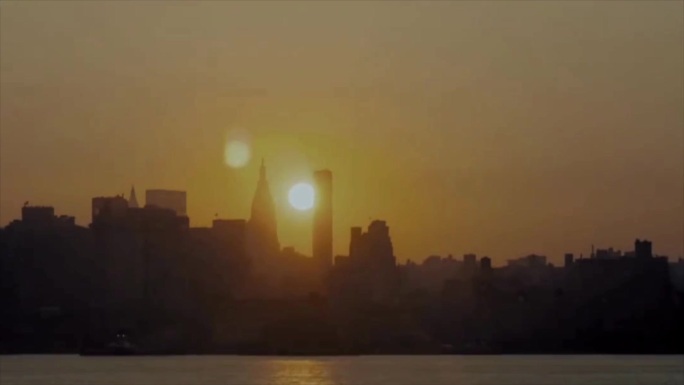 夕阳西下江边城市风光视频素材