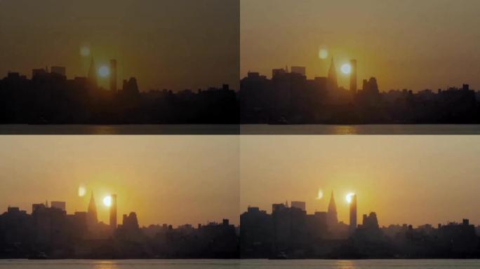 夕阳西下江边城市风光视频素材