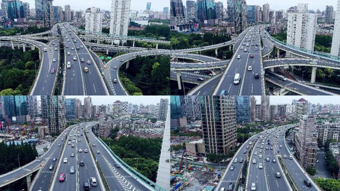 航拍上海立交桥疫情前的上海延安路高架龙柱