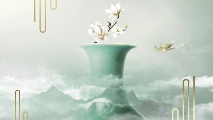 青绿花瓶金鸟中国风山水传统文化禅道背景