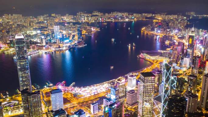 香港夜景航拍大景延时城市素材