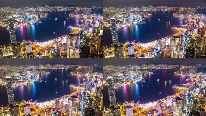 香港夜景航拍大景延时城市素材