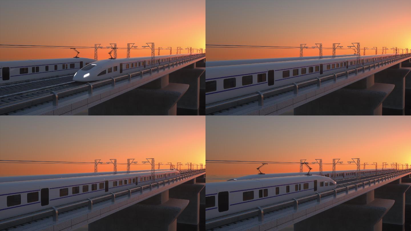 夕阳日落时分快速驶过复兴号高铁和谐号动车