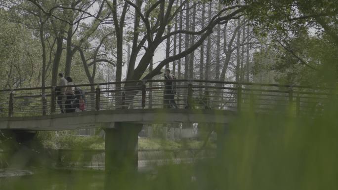 游客走过公园小桥