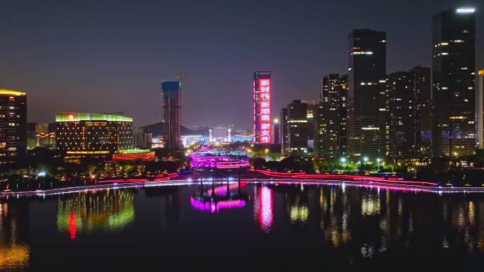 原创佛山顺德凤凰广场德胜河畔黄昏夜景航拍