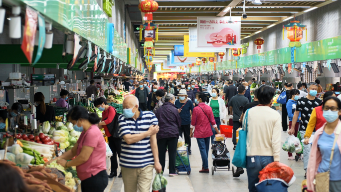 4K合集-疫情结束居民外出市场买菜场景