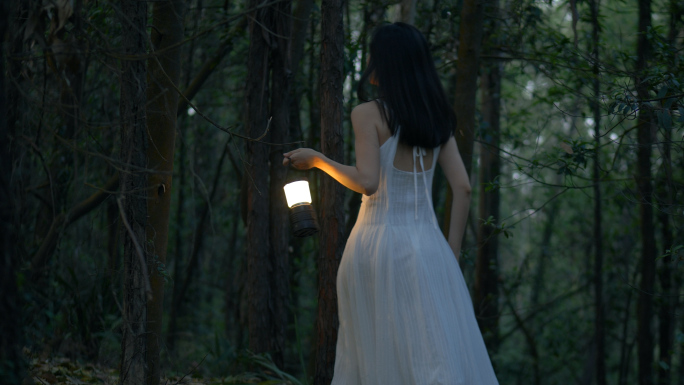 女孩提着马灯在树林寻觅行走4k视频素材