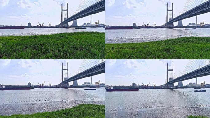 上海闵浦大桥4k航拍原创可商用黄浦江轮船