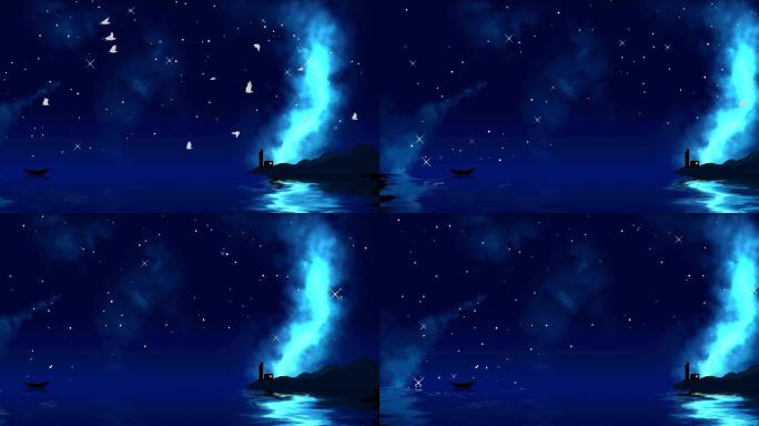 星空大海海鸥夜色海港灯塔视频背景