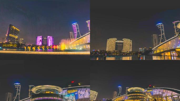 杭州钱江新城大金球-喷泉业夜景延时摄影