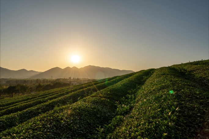 延时实拍杭州余杭径山小古城村茶山日落