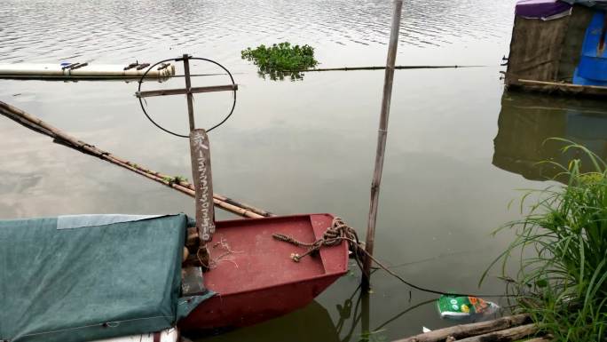 河道江边湖畔水上船泊人家污水环境浮水莲