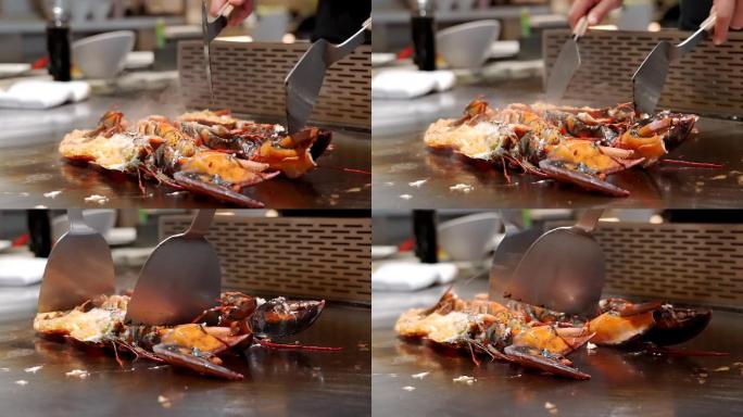 美女厨师制作铁板烧波士顿龙虾