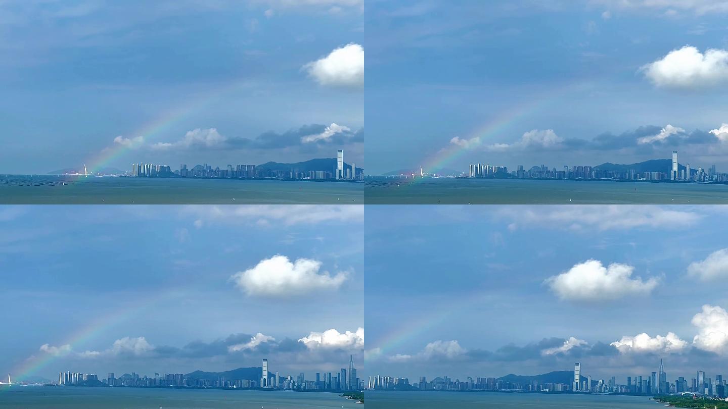 深圳湾海面雨后彩虹 蓝天白云