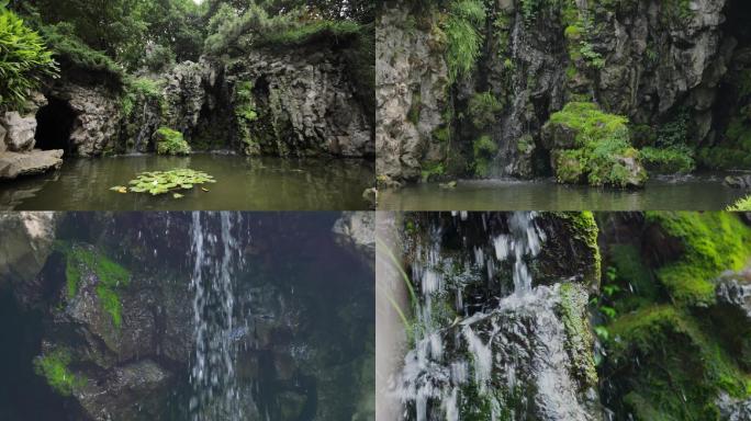 假山瀑布 水流 池塘园林景色空镜C004