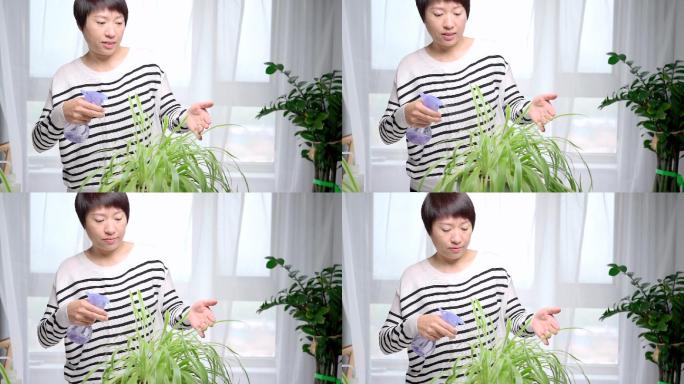 在家修剪花草的中国女性形象
