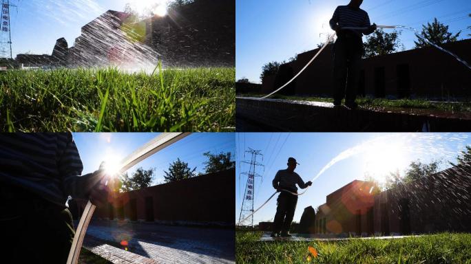 清晨园丁浇水浇灌草坪剪影升格镜头
