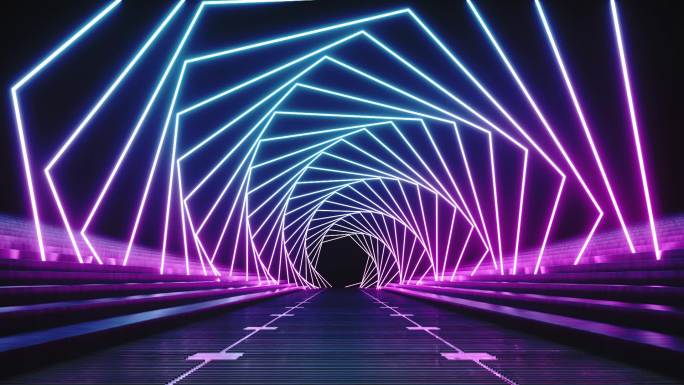 穿梭于霓虹灯隧道3D渲染