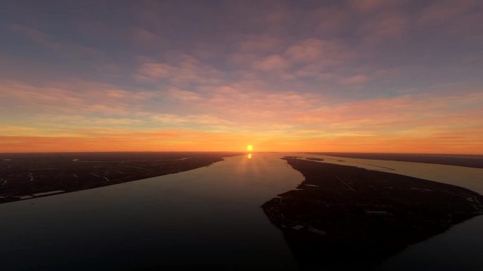 长江 黄河 黄昏 夕阳 入海口 火烧云