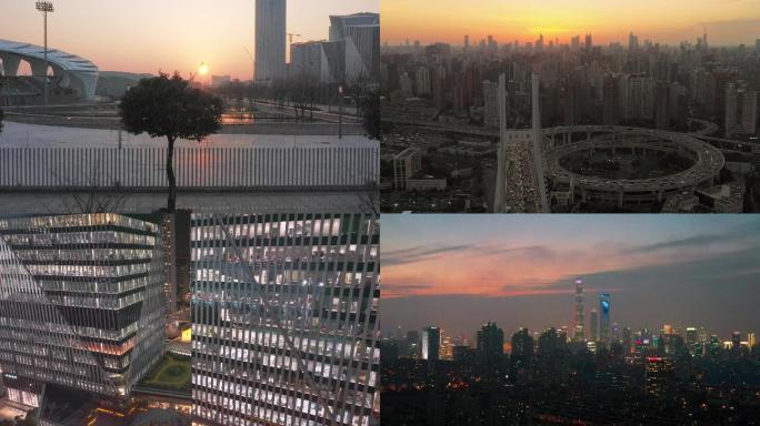 上海城市日落夜景航拍