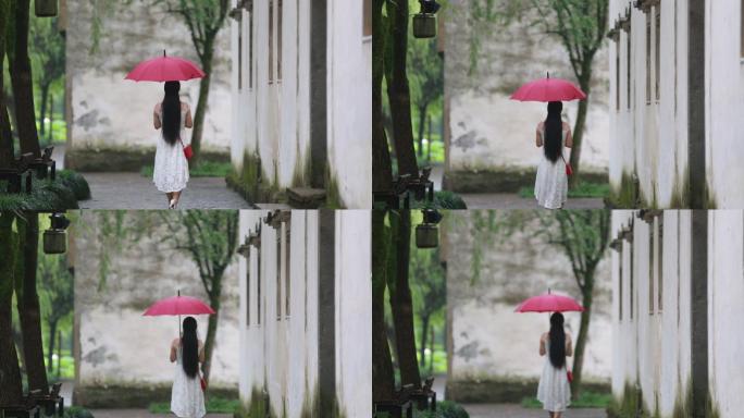 江南古民居青石板路白裙女孩红雨伞雨天背影