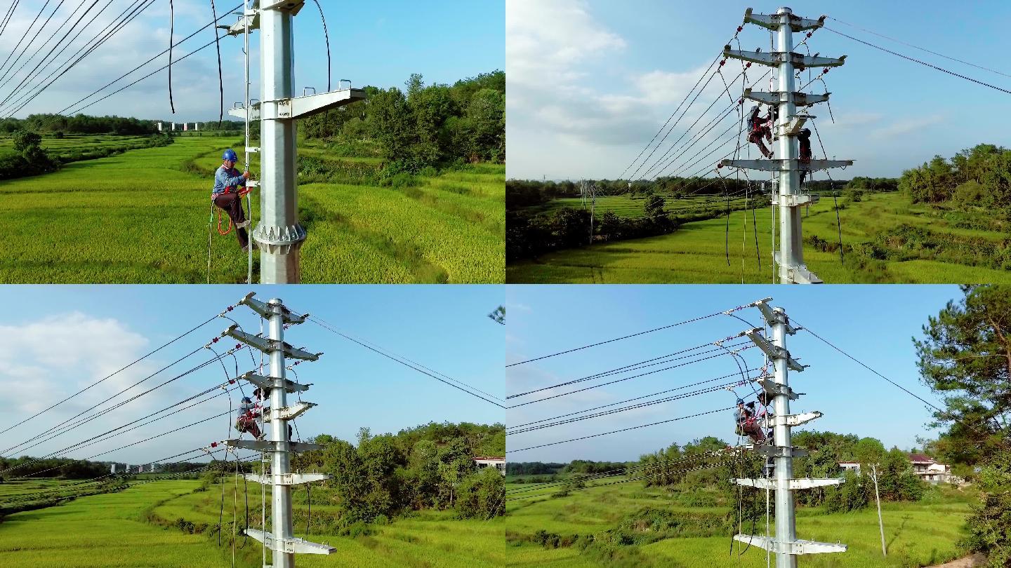 户外国家电网的维修工攀爬电线杆架设电缆