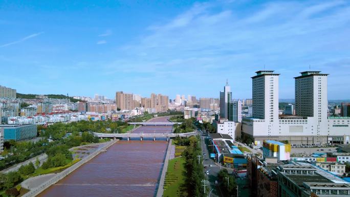 大气航拍山西阳泉城区市中心桃河两岸