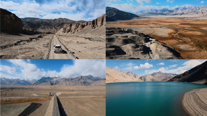 4k新疆高原车辆峡谷湖泊大气航拍