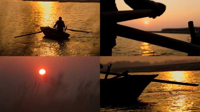 湖中划船、夕阳下、芦苇荡湖面、日出、落日