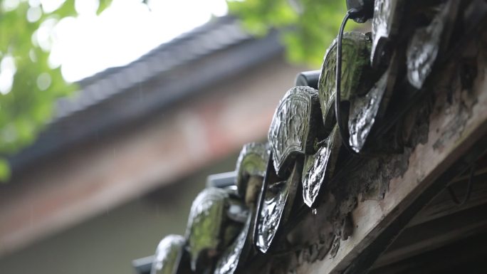 江南古建筑园林屋檐雨天雨水春雨黑瓦